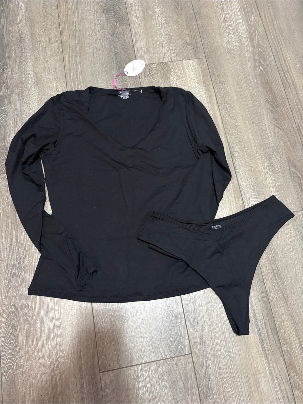 Women's Black V-Neck Long-Sleeve Top & Thong Set